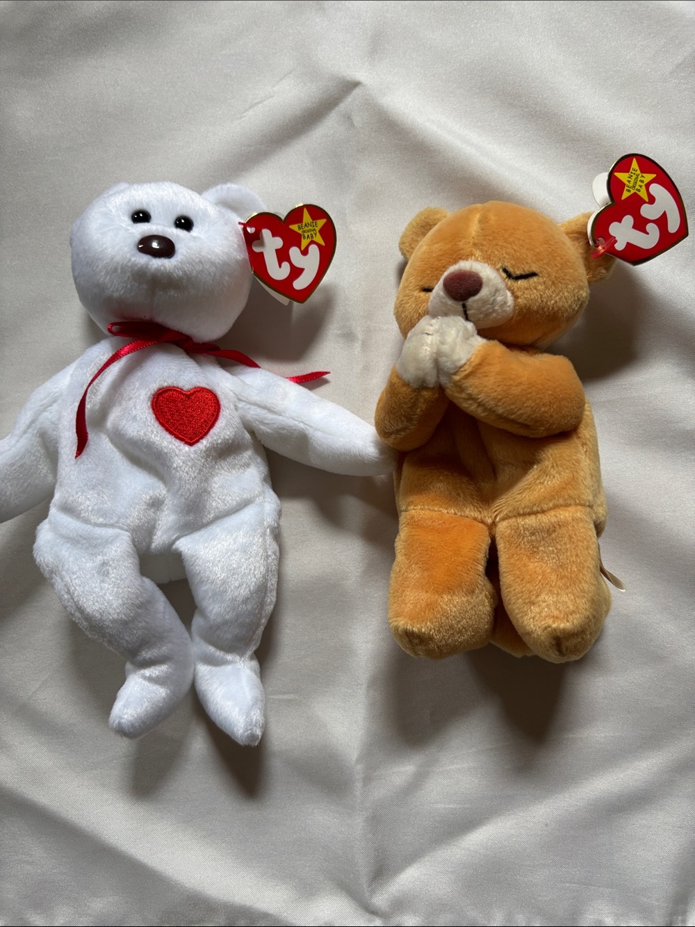 Ty Beanie Babies  (2) - White with Red Heart (Valentino)/Tan praying bear (Hope)